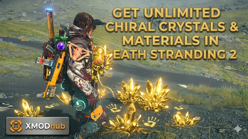 Porter Sam facing massive resource pile in simplified DS2 scene, under a huge text banner about get unlimited Chiral Crystals & Materials. Ground chiral prints, integrated XMODhub logo plaque.