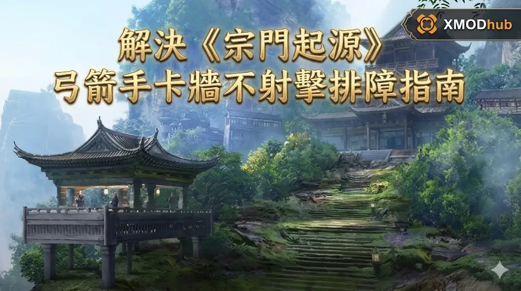 Zongmen Origin archer troubleshooting guide cover featuring ancient Chinese architecture and XMODhub logo.