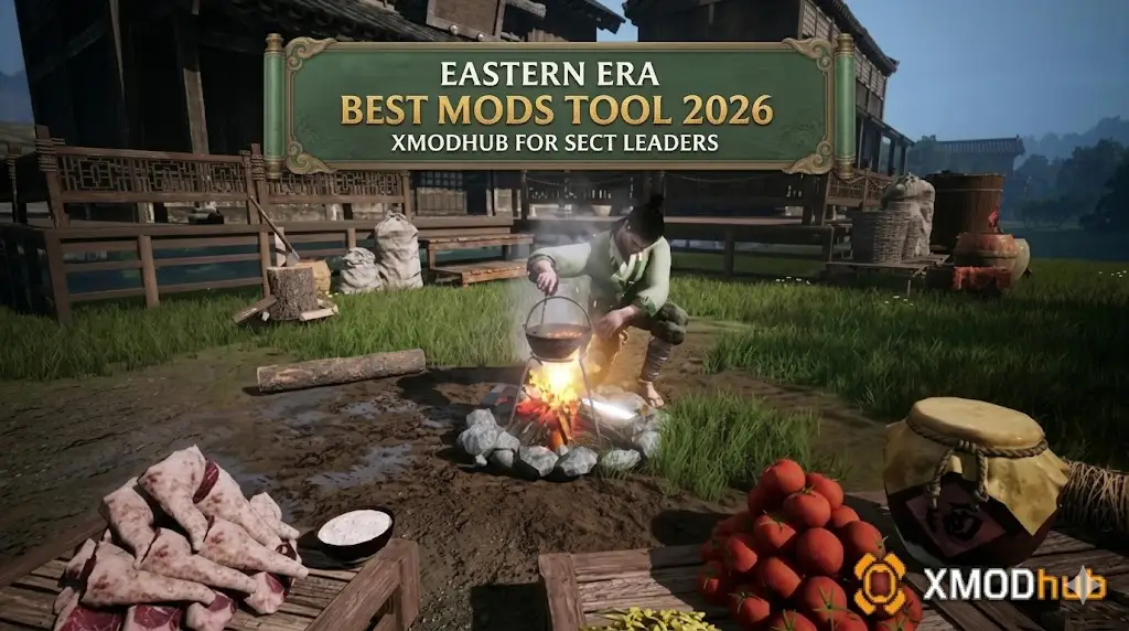 Realistic 3D game scene of an Eastern character cooking over a campfire, with raw meat, tomatoes, text scroll, and a pixel XMODhub logo.