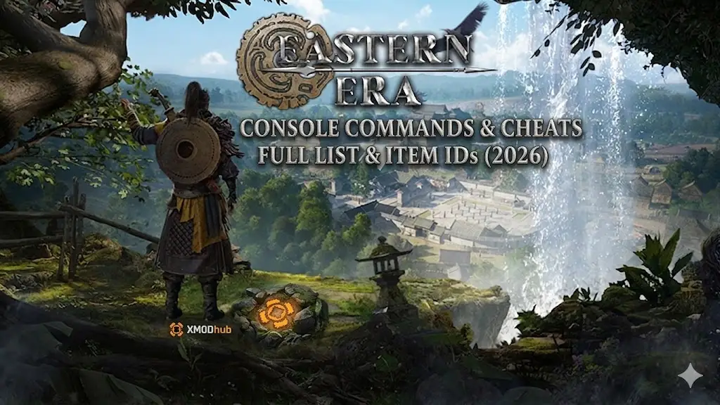 Eastern Era game graphic featuring a warrior, waterfall, and cheat commands text with XMODhub logo.