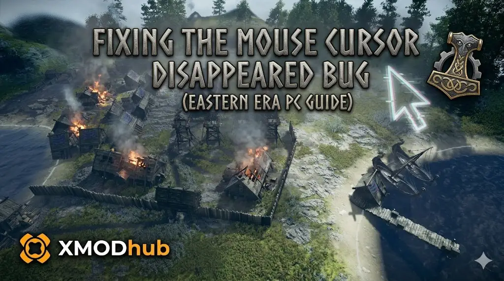 PC guide for fixing the Eastern Era mouse cursor disappeared bug with XMODhub logo.