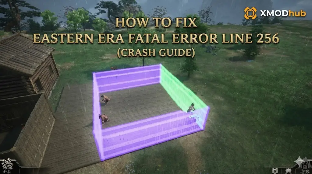 A game guide cover with text "HOW TO FIX EASTERN ERA FATAL ERROR LINE 256" over a rainy isometric scene of a wooden cabin and people, with the XMODhub logo.