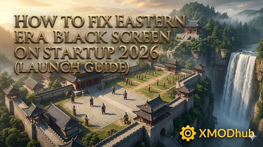 Detailed aerial view of an ancient Asian fortified academy on a cliff with a gorge and waterfall. Text explains an Eastern Era startup black screen guide.