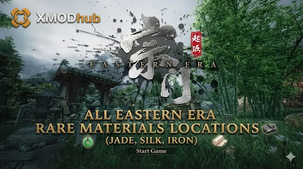 A SEO blog post header image for the game 'Eastern Era' showing locations for Jade, Silk, and Iron, with the XMODhub logo in the top left.