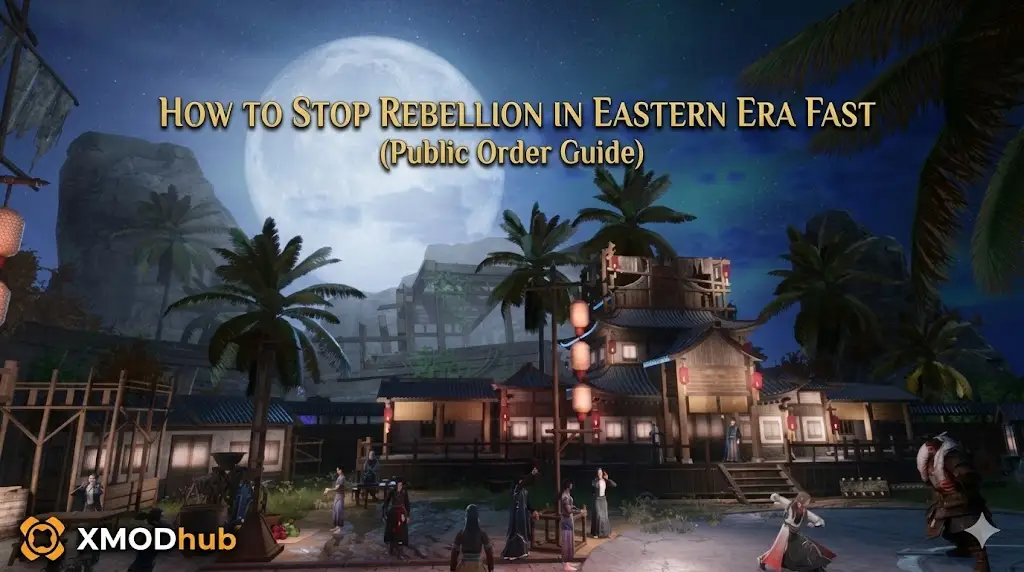 Image for 'How to Stop Rebellion' guide, featuring a nighttime East Asian village scene and XMODhub logo. 