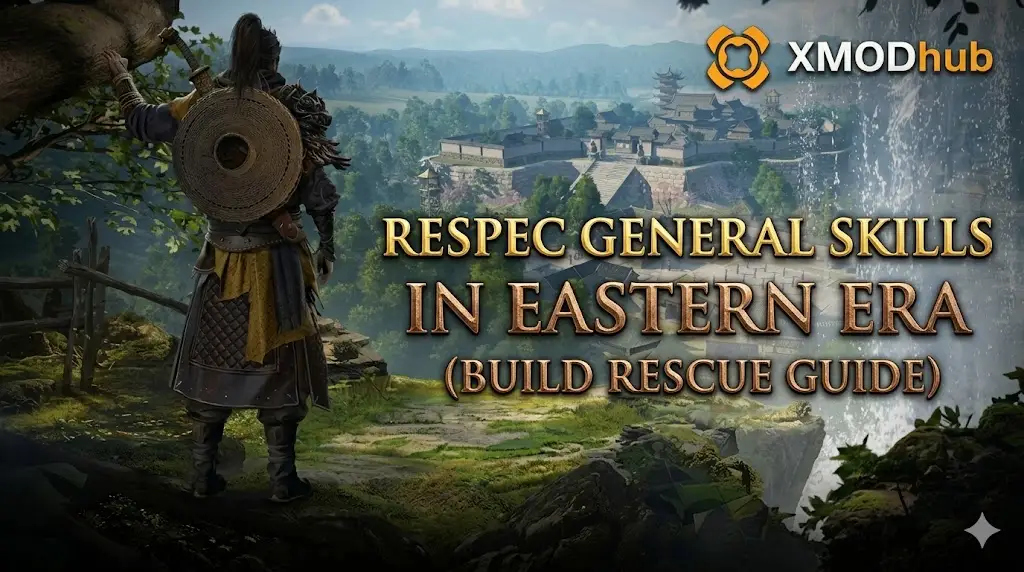 Eastern warrior overlooking a terraced city and waterfall with text for a general skill respec guide.