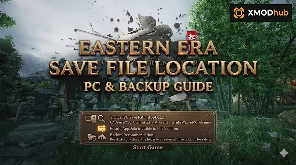 A detailed SEO blog post header image for a PC save file and backup guide for the game 'Eastern Era'.