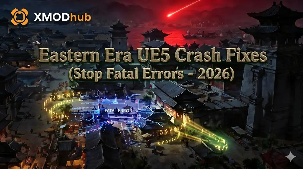 A cinematic blog header image for Eastern Era UE5 Crash Fixes (2026) showing an ancient Eastern city night scene under a red sky.