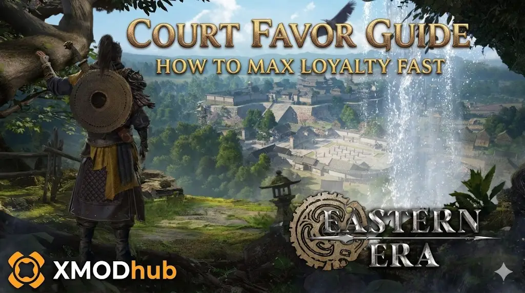 A warrior with a shield overlooks an ancient city; 'Eastern Era Court Favor Guide' text; XMODhub logo.