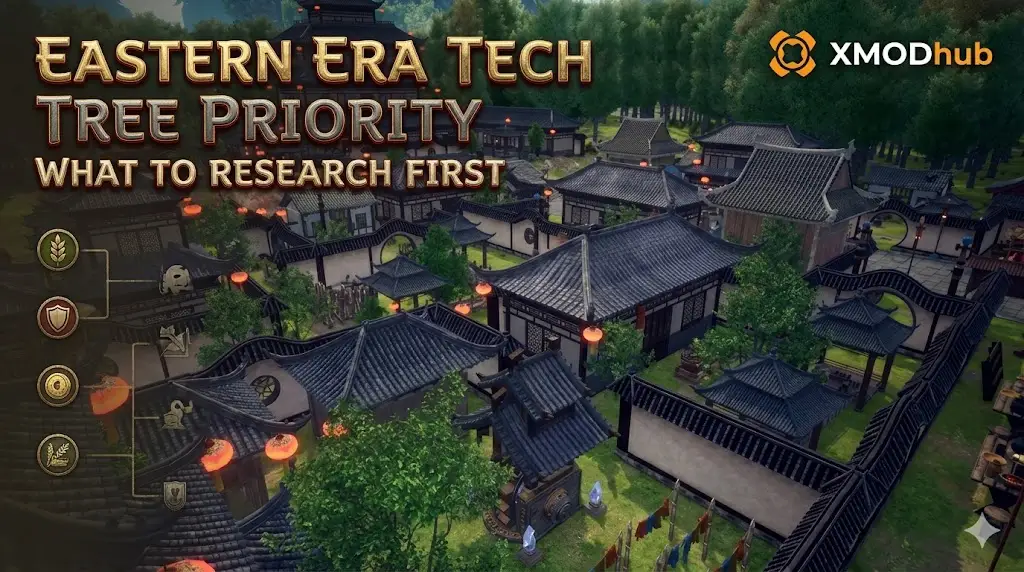 Aerial view of an ancient Eastern Era city with lanterns and buildings, featuring the title 'Eastern Era Tech Tree Priority: What to Research First' and the XMODhub logo.