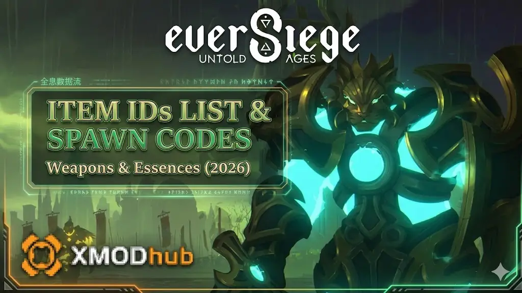everSiege UNTOLD AGES Item IDs & Spawn Codes guide graphic with character and XMODhub logo.