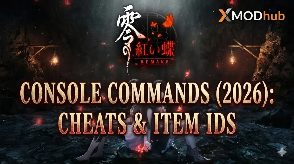 Fatal Frame 2 Remake Console Commands Cheats and Item IDs blog header with XMODhub logo.