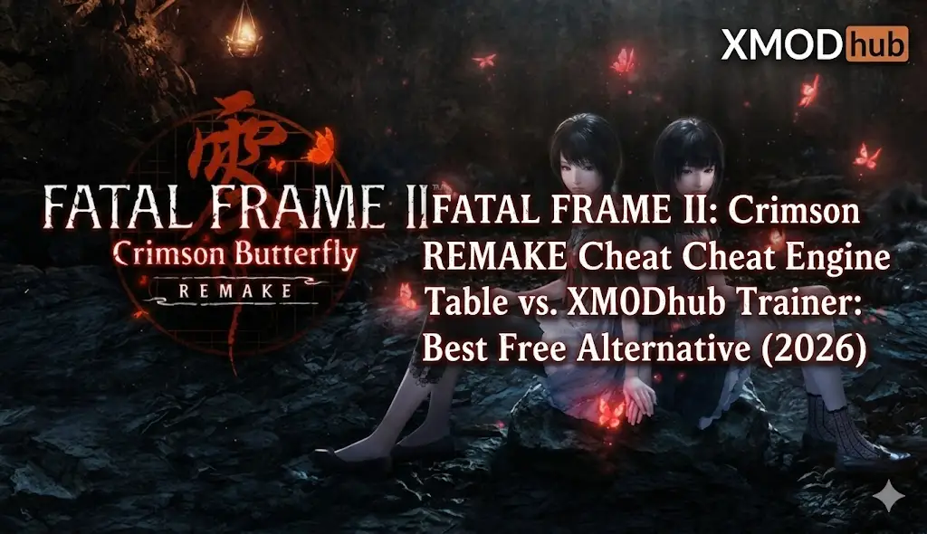 Fatal Frame 2 Remake trainer blog header with XMODhub logo.