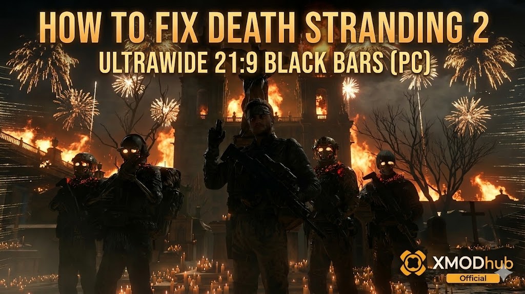 Death Stranding 2 Ultrawide 21:9 black bars PC fix guide banner.