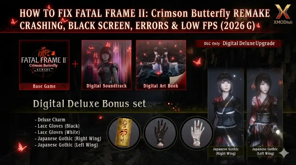 Персонажи Fatal Frame II Remake в темной японской пещере. Присутствует логотип XMODhub.