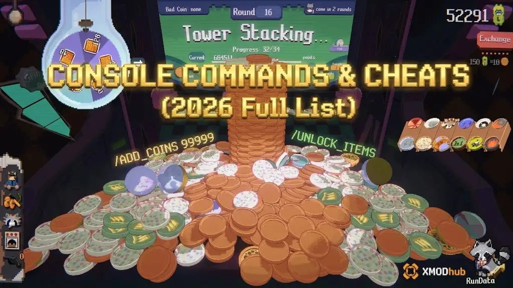Arcade game scene with massive coin tower and large text saying 'CONSOLE COMMANDS & CHEATS (2026 Full List)'.