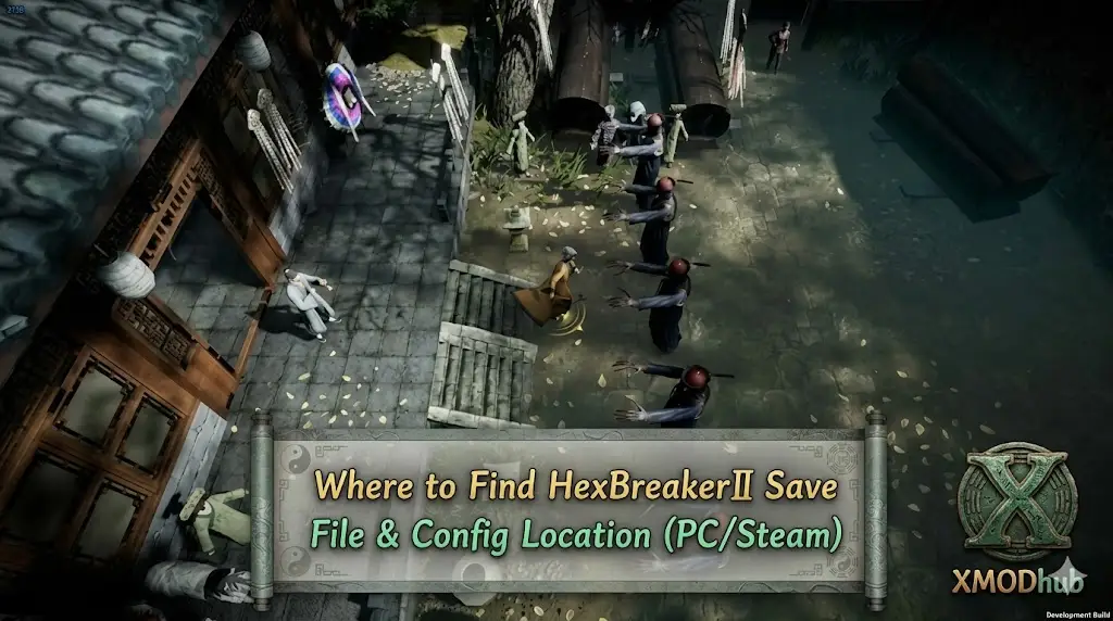 A key art header image for a HexBreakerⅡ PC/Steam save file and config location guide blog, featuring spooky isometric game art with jumping zombies, a decorative text scroll with the title, and the XMODhub logo.