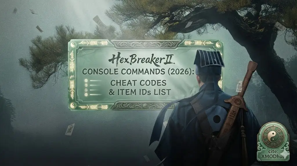Misty forest scene with martial artist and overlaid guide text for HexBreakerⅡ console commands with XMODhub logo.