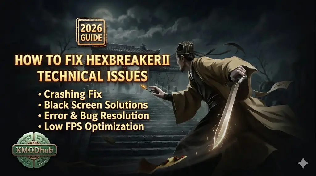 HexBreaker 2 crash fix guide cover with XMODhub logo.