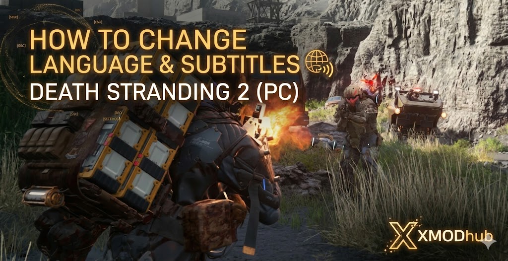 Tutorial image with the text 'HOW TO CHANGE LANGUAGE & SUBTITLES DEATH STRANDING 2 (PC)' over gameplay combat in a rocky landscape.
