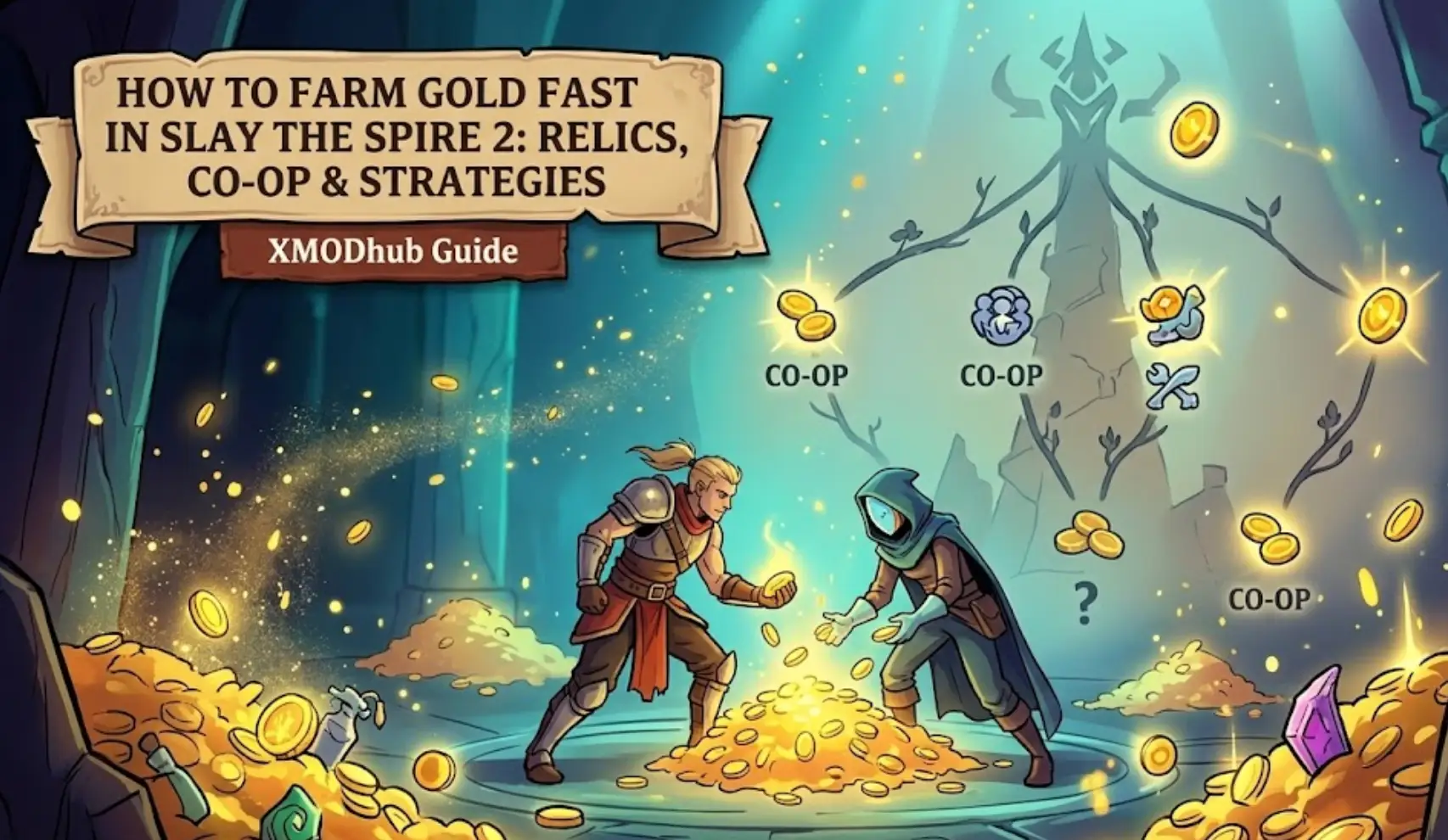A detailed Slay the Spire 2 style illustration for a blog header. Two characters work together, surrounded by piles of gold coins and powerful glowing relics. A strategic guide map and the article title are visible in the background.