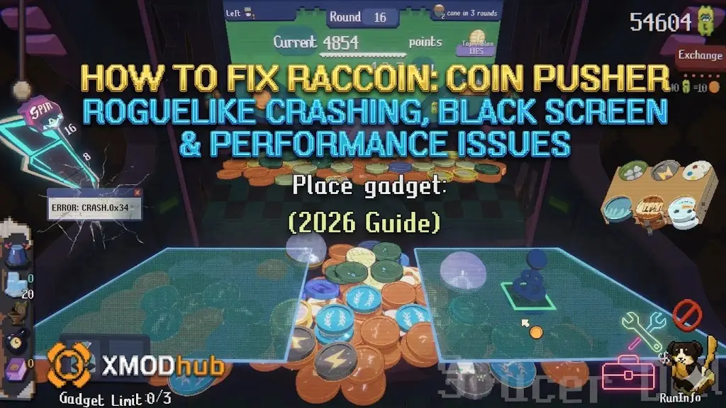 Pixellated game screenshot with text 'HOW TO FIX RACCOIN: COIN PUSHER ROGUELIKE CRASHING, BLACK SCREEN & PERFORMANCE ISSUES (2026 Guide)' and XMODhub logo.