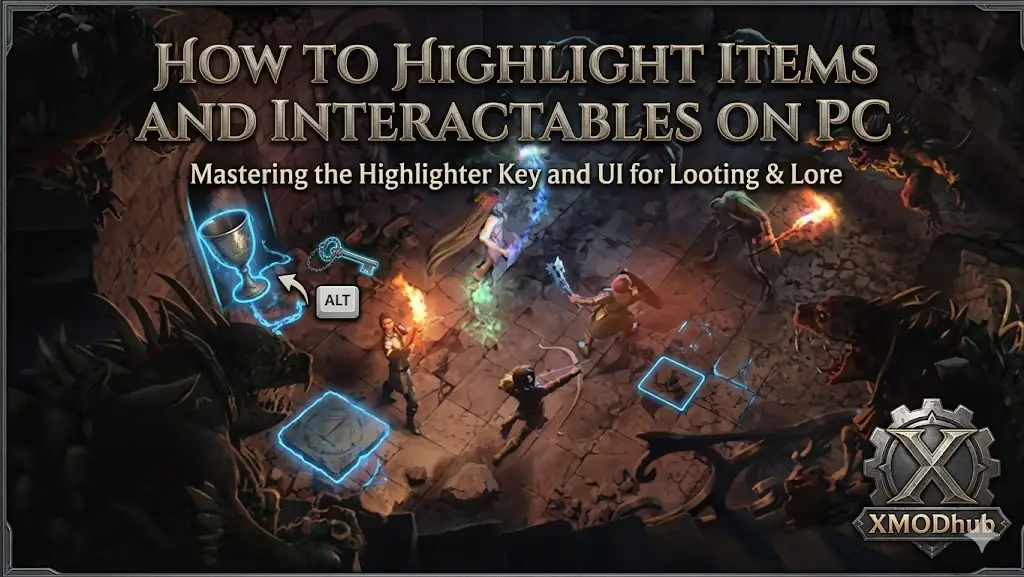 Solasta 2-style blog header for 'How to Highlight Items and Interactables on PC' featuring a fantasy battle background, UI highlighting effects, and the XMODhub logo.