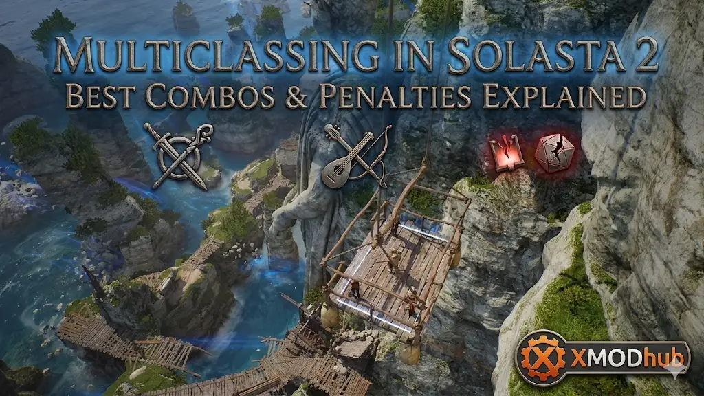 Заголовок руководства по мультиклассированию в Solasta 2 с горным пейзажем, иконками классов и логотипом XMODhub.