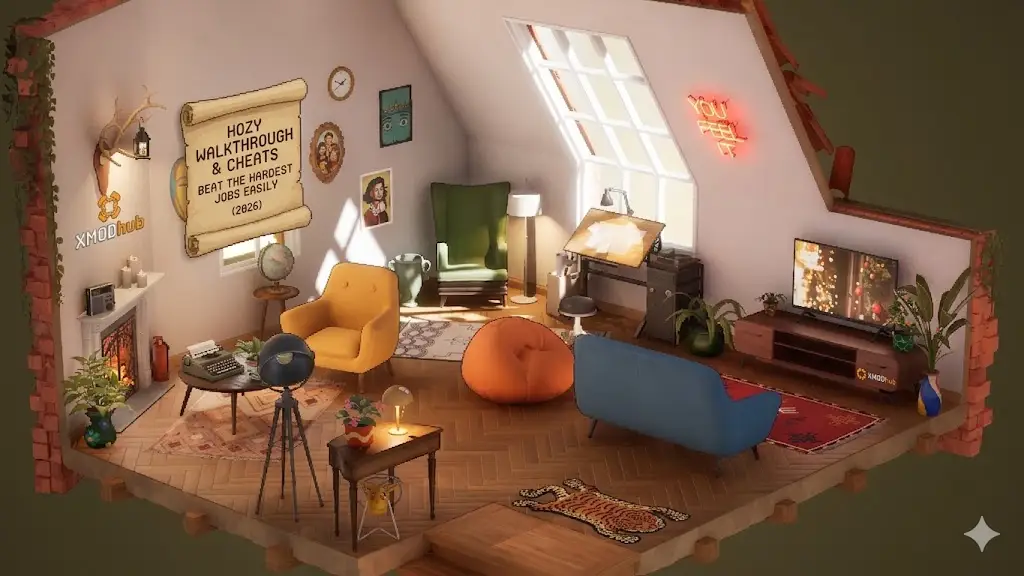 Детализированная изометрическая 3D-модель в разрезе ретро-гостиной, со свитком на стене с текстом: «HOZY Прохождение и читы: легко выполняйте самые сложные задания (2026)» и логотипом XMODhub.