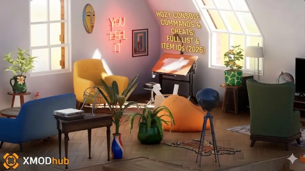Графика заголовка для Консольные команды и читы Hozy: Полный список и ID предметов (2026), на фоне стилизованной низкополигональной квартиры на чердаке с логотипом XMODhub.