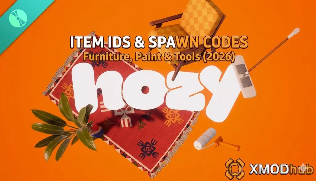 Графика заголовка 'ID предметов и коды спавна Hozy: Мебель, Краска и Инструменты (2026)' поверх крупного текста 'hozy' на оранжевом фоне с парящей игровой мебелью, инструментами и логотипом XMODhub.