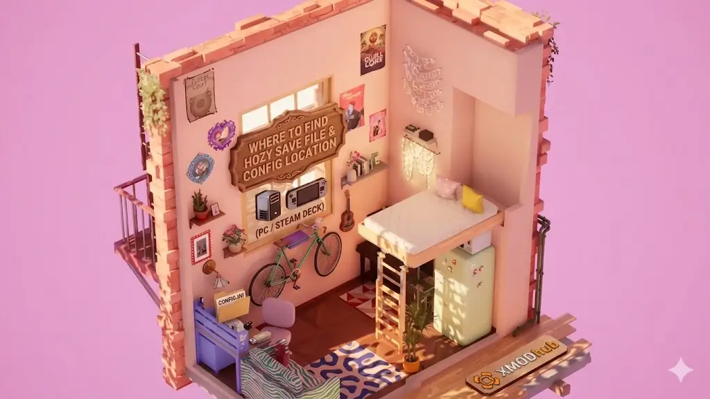 Графика заголовка для 'Где найти файл сохранения и расположение конфигурации Hozy' в стилизованной 3D изометрической квартире с логотипом XMODhub.