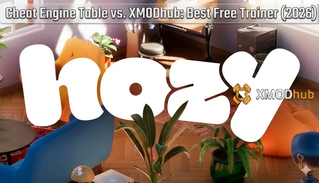 Изображает стилизованный низкополигональный интерьер игровой комнаты с крупным текстом "hozy" по центру и текстом заголовка: "Таблица Cheat Engine против XMODhub: Лучший бесплатный трейнер (2026)".