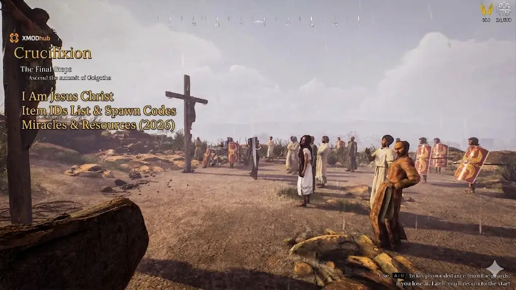 Header for I Am Jesus Christ Item IDs and Spawn Codes blog, showing a crucifixion scene with game title, resource text, and integrated XMODhub logo.