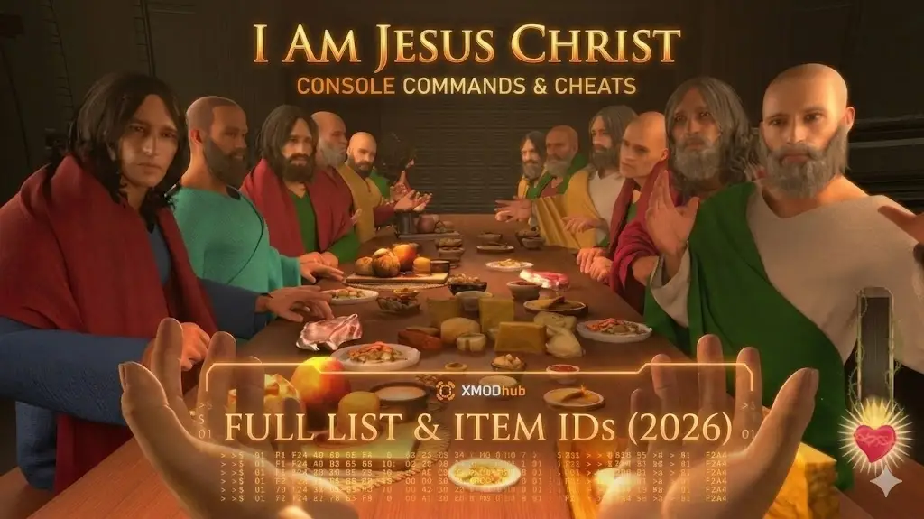Header for I Am Jesus Christ Console Commands and Cheats blog, showing a modified Last Supper with game title, cheat text, and integrated XMODhub logo.