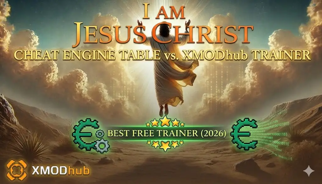 Blog header graphic for 'I AM Jesus Christ' comparing Cheat Engine and XMODhub Trainer, showing Jesus in the desert.