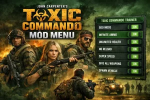 Гайд по мод-меню и трейнеру для John Carpenter's Toxic Commando: геймплейная сцена, в которой отряд персонажей сражается с зомби, используя различное оружие.