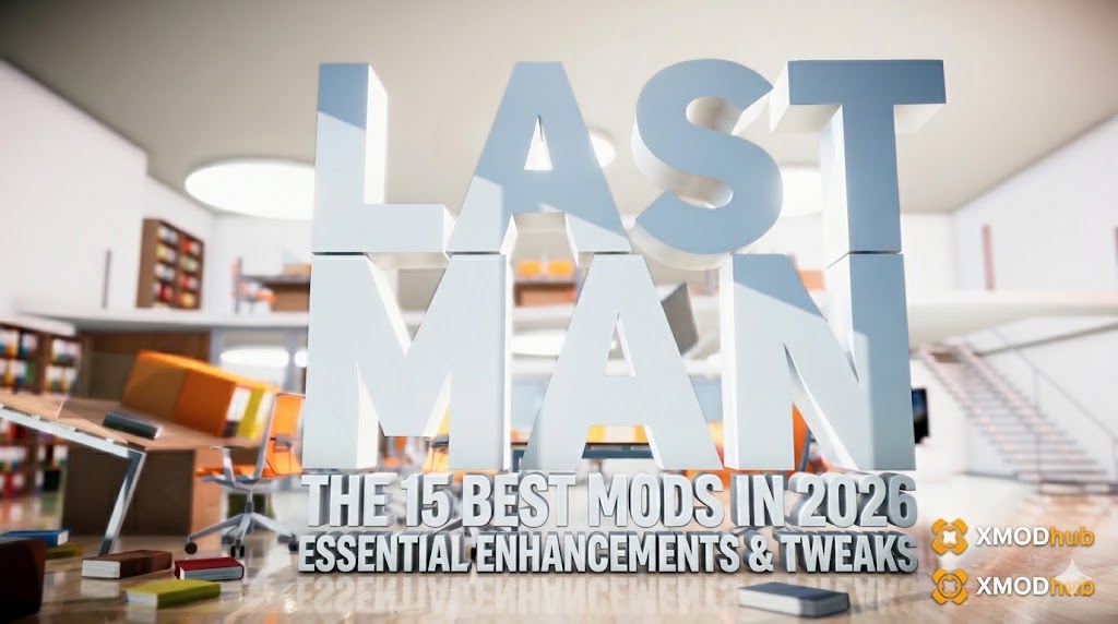 Обложка блога «15 лучших модов для Last Man Sitting в 2026 году» с 3D-текстом в игровом стиле и логотипом XMODhub.