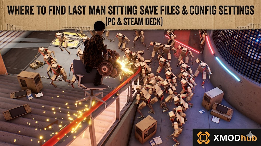 Стилизованный арт игры 'Last Man Sitting', изображающий персонажей в офисных креслах со шваброй и миниганом.