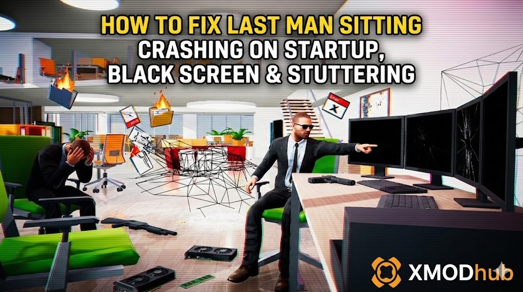 Мужчина в костюме указывает на треснувшие мониторы в хаотичном офисе, с текстом «Как исправить вылеты при запуске, черный экран и подергивания в Last Man Sitting» и официальным логотипом XMODhub.