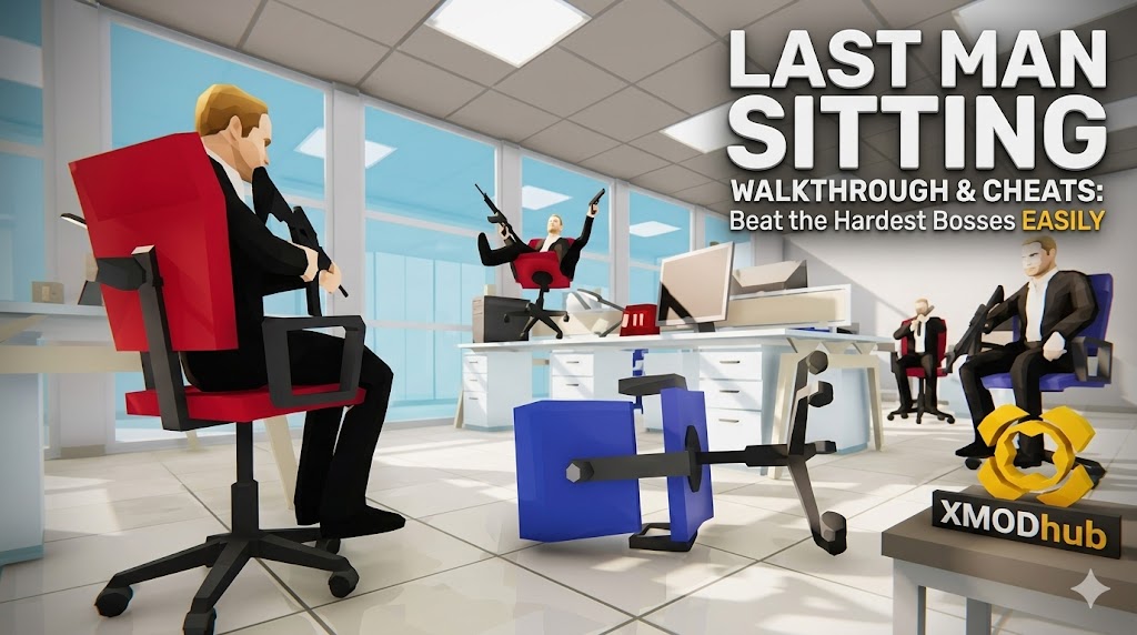 Сцена из низкополигональной игры Last Man Sitting с текстом руководства и логотипом XMODhub.