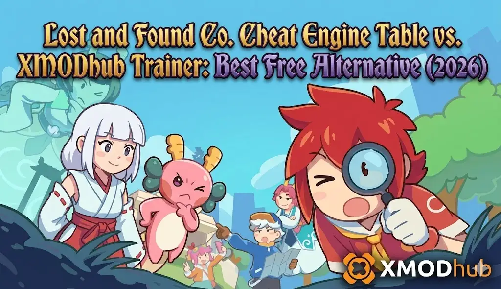 Lost and Found Co. illustrative header comparison of Cheat Engine Table vs. XMODhub Trainer for best free alternative (2026).