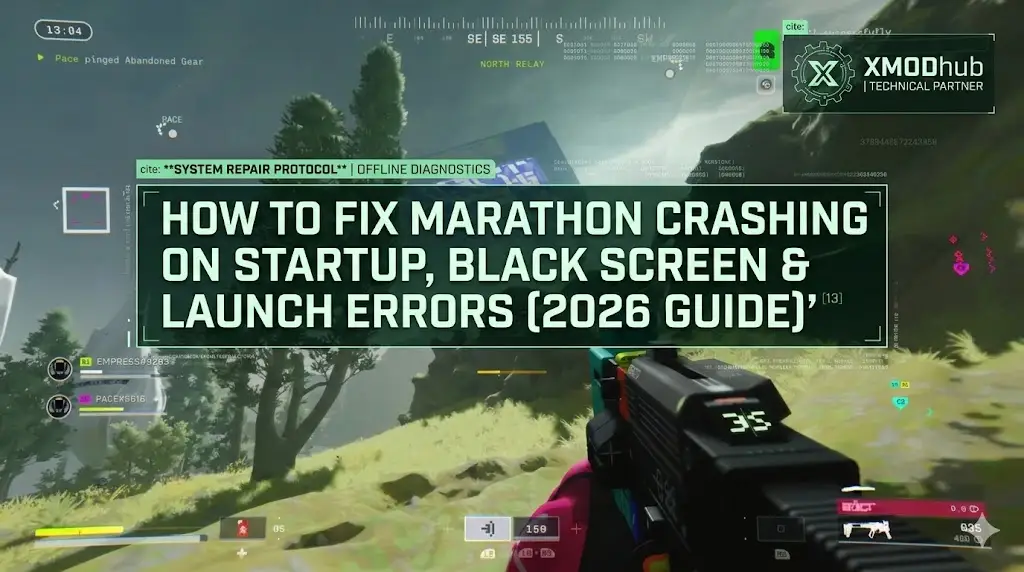 Marathon FPS game screenshot with guide text for fixing crashing errors and XMODhub logo.