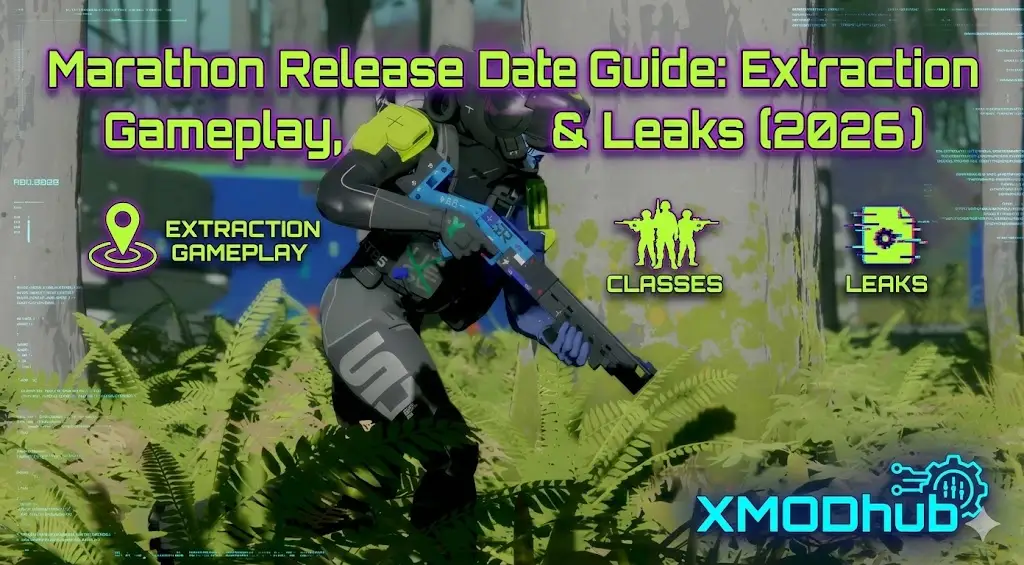 Marathon (2026) Extraction Gameplay, Classes, and Leaks Guide blog header featuring a futuristic soldier, title text, and XMODhub logo.