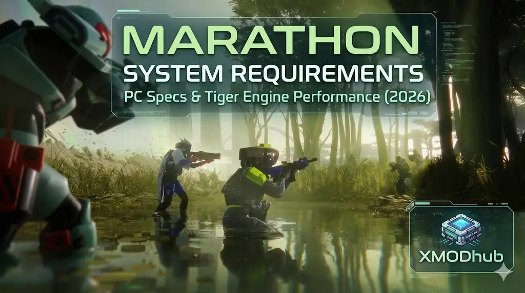 Marathon system requirements blog header (2026), featuring sci-fi runners in jungle setting with title text and XMODhub logo.