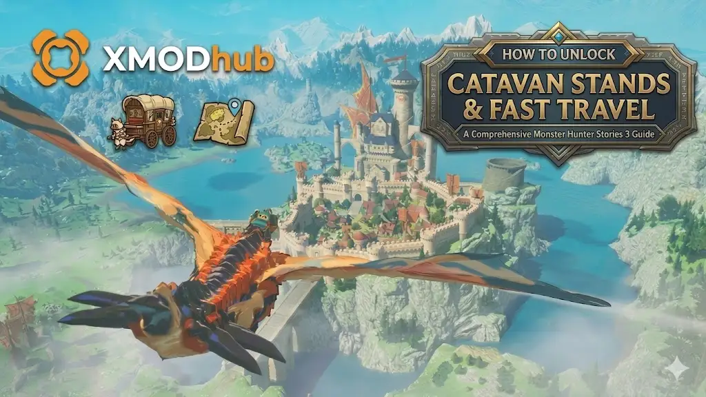 Заголовок руководства MHS3: Стоянки Котованов и быстрое перемещение, Раталос летит над замком, логотип XMODhub.