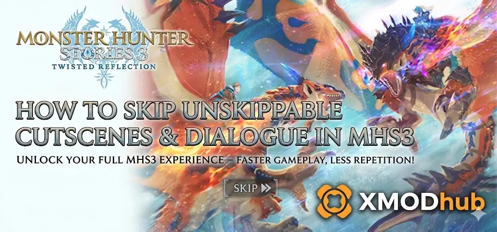 Заголовок блога для руководства по пропуску кат-сцен MHS3 с игровым артом и логотипом XMODhub.