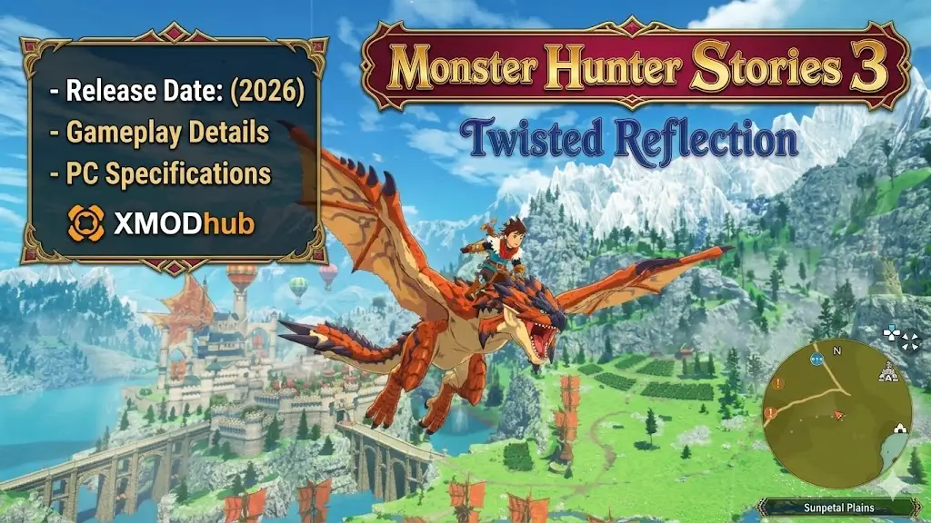 SEO blog header for Monster Hunter Stories 3: Twisted Reflection by XMODhub, featuring a player riding a Rathalos over a castle town, with game details text and the XMODhub logo.