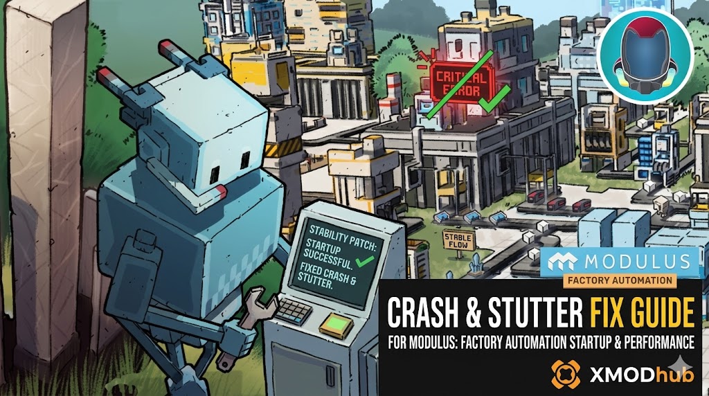 A hand-drawn, voxel-art guide cover featuring a blue block robot holding a "STABILITY PATCH" screen next to a detailed automated factory. 