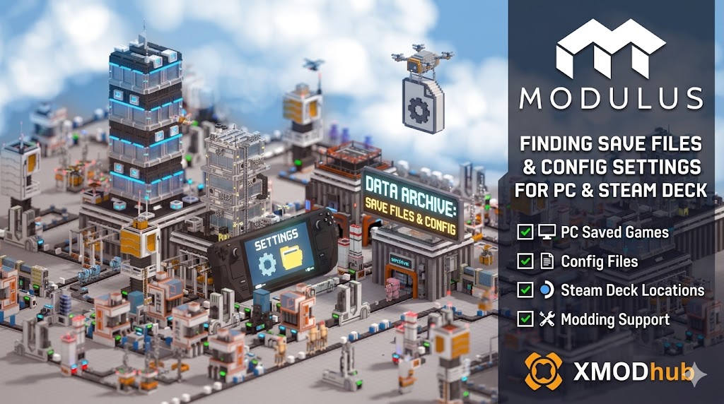Сцена в стиле воксельной графики из игры Modulus, изображающая Steam Deck с настройками и здание архива данных.